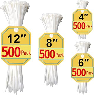Zip Ties Assorted Sizes 4+6+8+12 Inch, 2000 Pack, White Cable Ties for Multi-Purpose, Nylon/Plastic Wire Ties for Home Improvement, Office & Outdoor Use (Clear-Colored Style).
